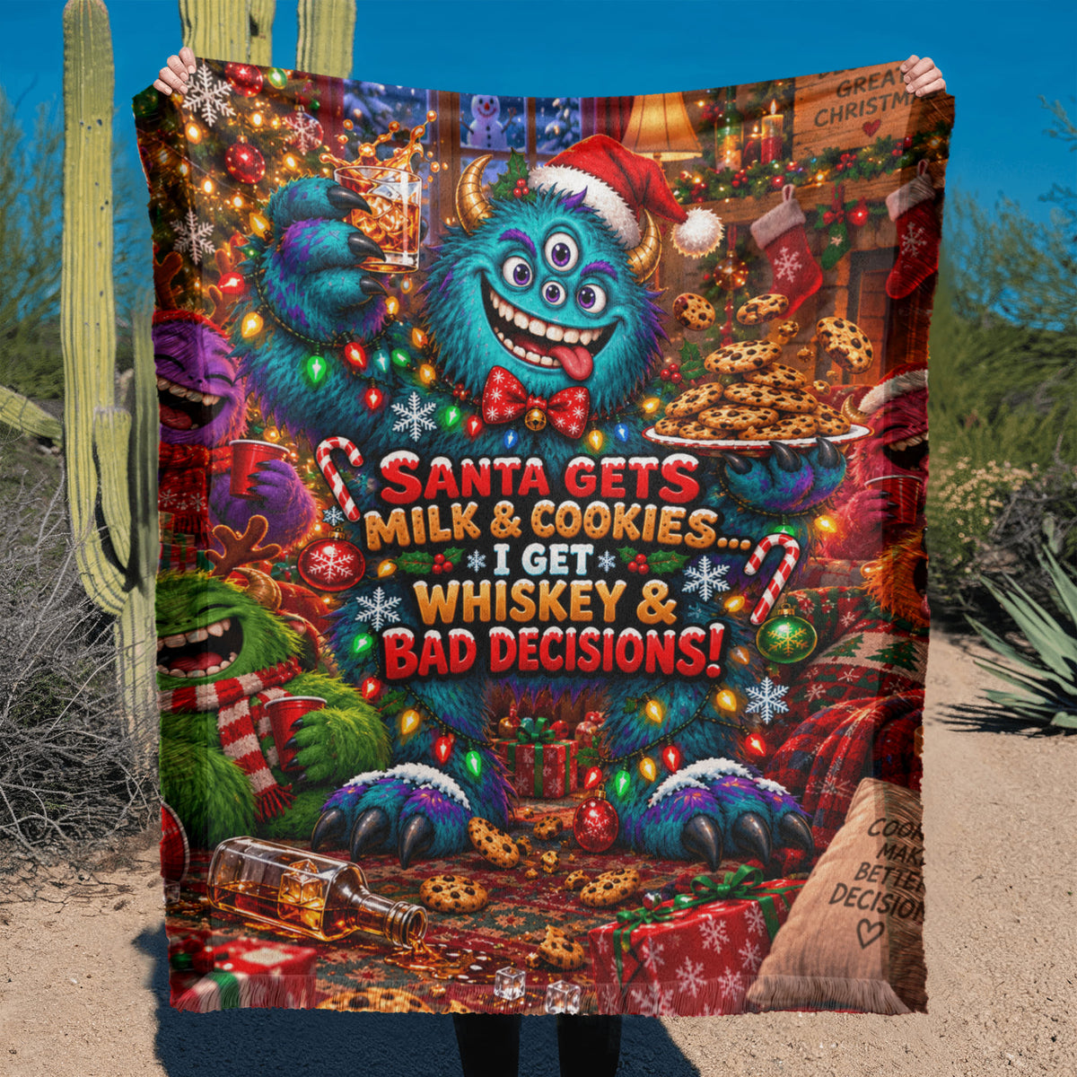 Santa Gets Milk & Cookies, Funny Christmas Woven Throw Blanket–Adult Holiday Gift