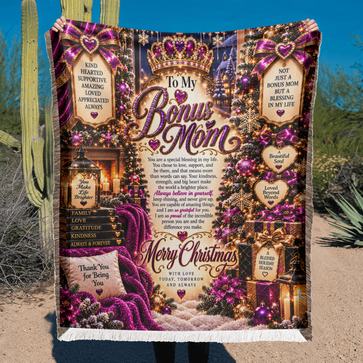 To My Bonus Mom Christmas Woven Blanket – Heartfelt Holiday Keepsake Gift for Bonus Mother