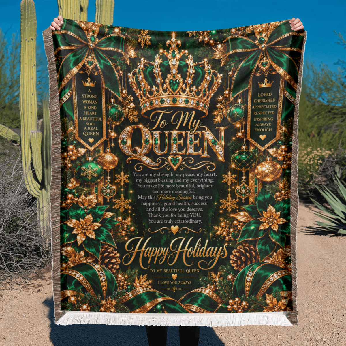 Queen Happy Holidays Printed Green Woven Blanket – Luxury Christmas Keepsake Gift