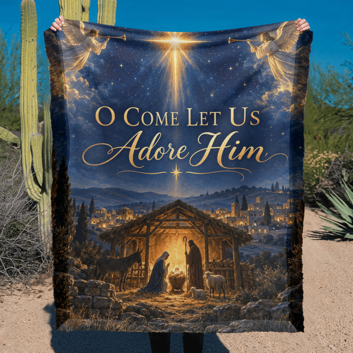 Christian Nativity Christmas Throw Blanket- O Come Let Us Adore Him Religious Holiday Gift