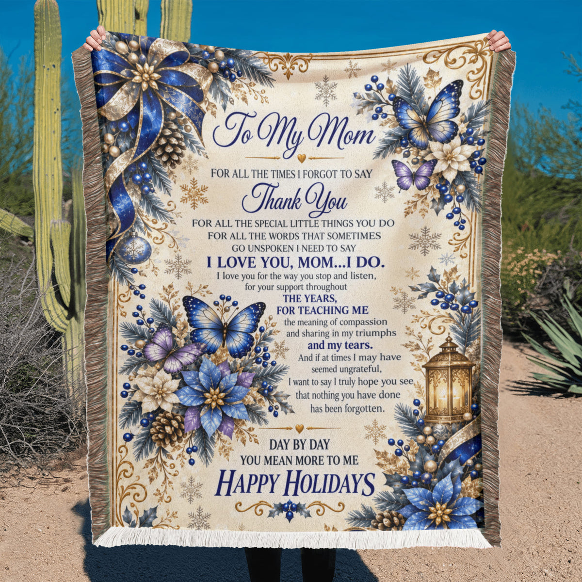 to my mom happy holidays printed woven blanket
