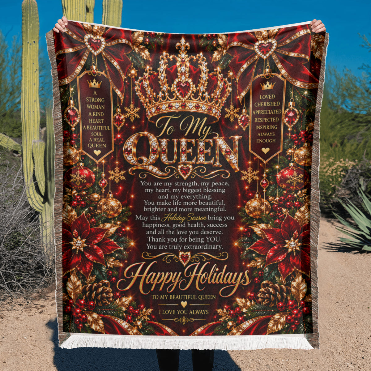 Queen Happy Holidays Printed Woven Blanket – Luxury Romantic Christmas Keepsake Gift