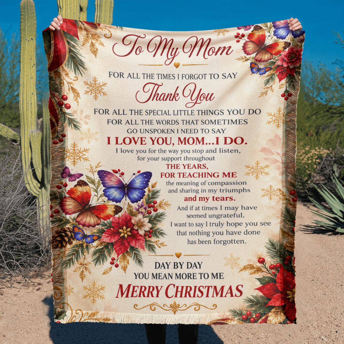 To My Mom Merry Christmas Woven Blanket – Heartfelt Christmas Gift for Mom, Mother Holiday Keepsake Blanket