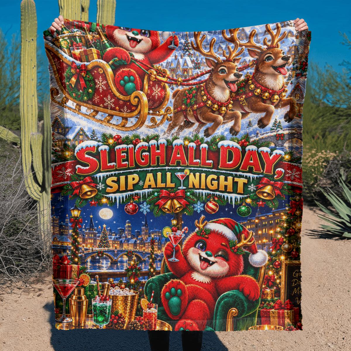 Sleigh All Day Sip All Night Funny Christmas Woven Throw Blanket –Holiday Gift for Adults