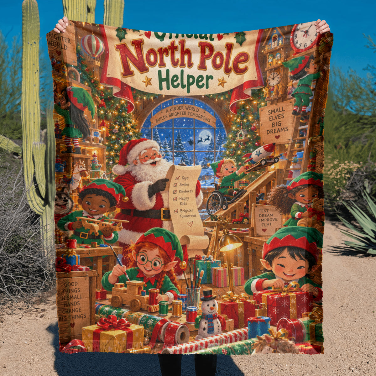 Kids North Pole Christmas Throw Blanket- Santa's Workshop Elf Holiday Gift for Boys and Girls