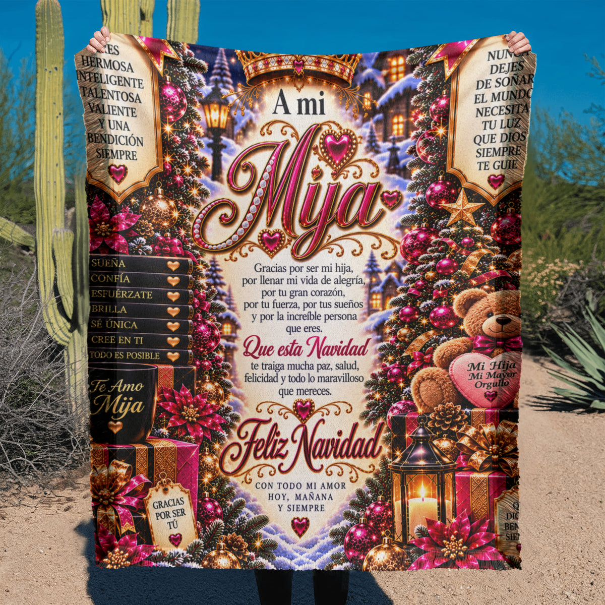 Mija – Rosa: Manta tejida «A mi hija» para una Feliz Navidad – Regalo navideño en español para hija, recuerdo conmovedor de las fiestas