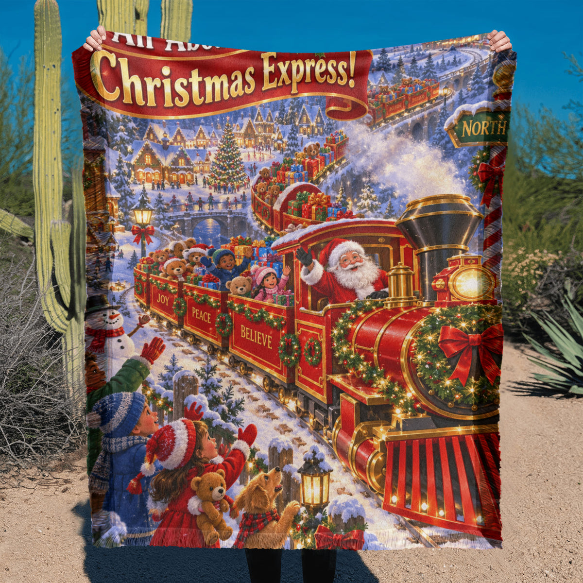Kids Christmas Train Throw Blanket-Santa's North Pole Express Holiday Gift for Boys and Girls
