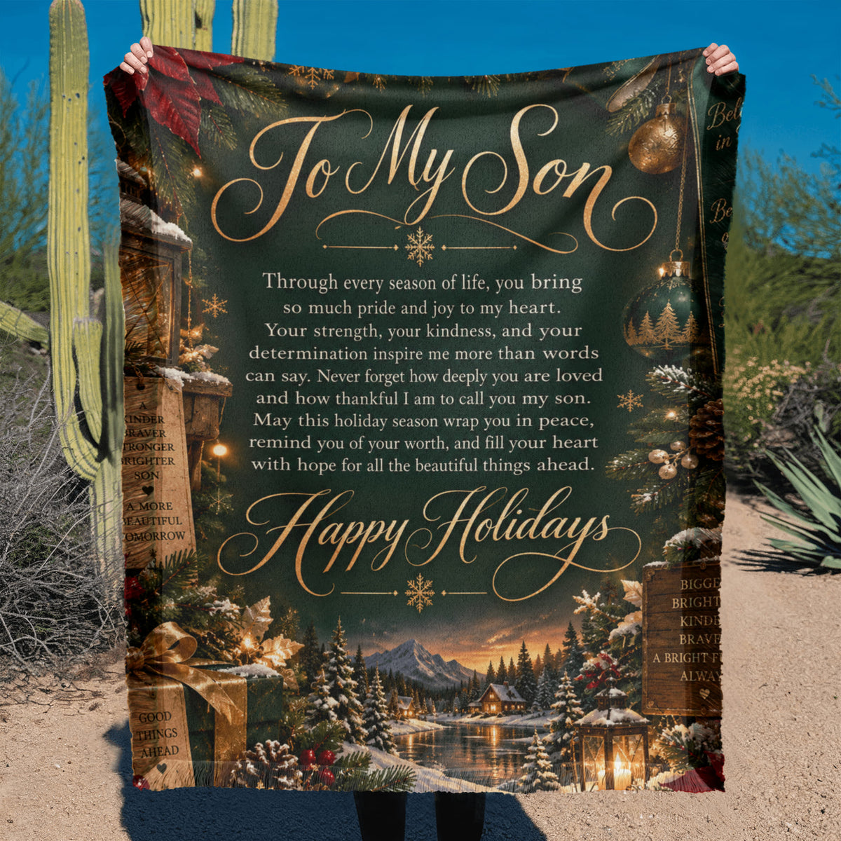 To My Son Happy Holidays Woven Green Blanket – Heartfelt Christmas Gift for Son, Holiday Keepsake from Mom or Dad