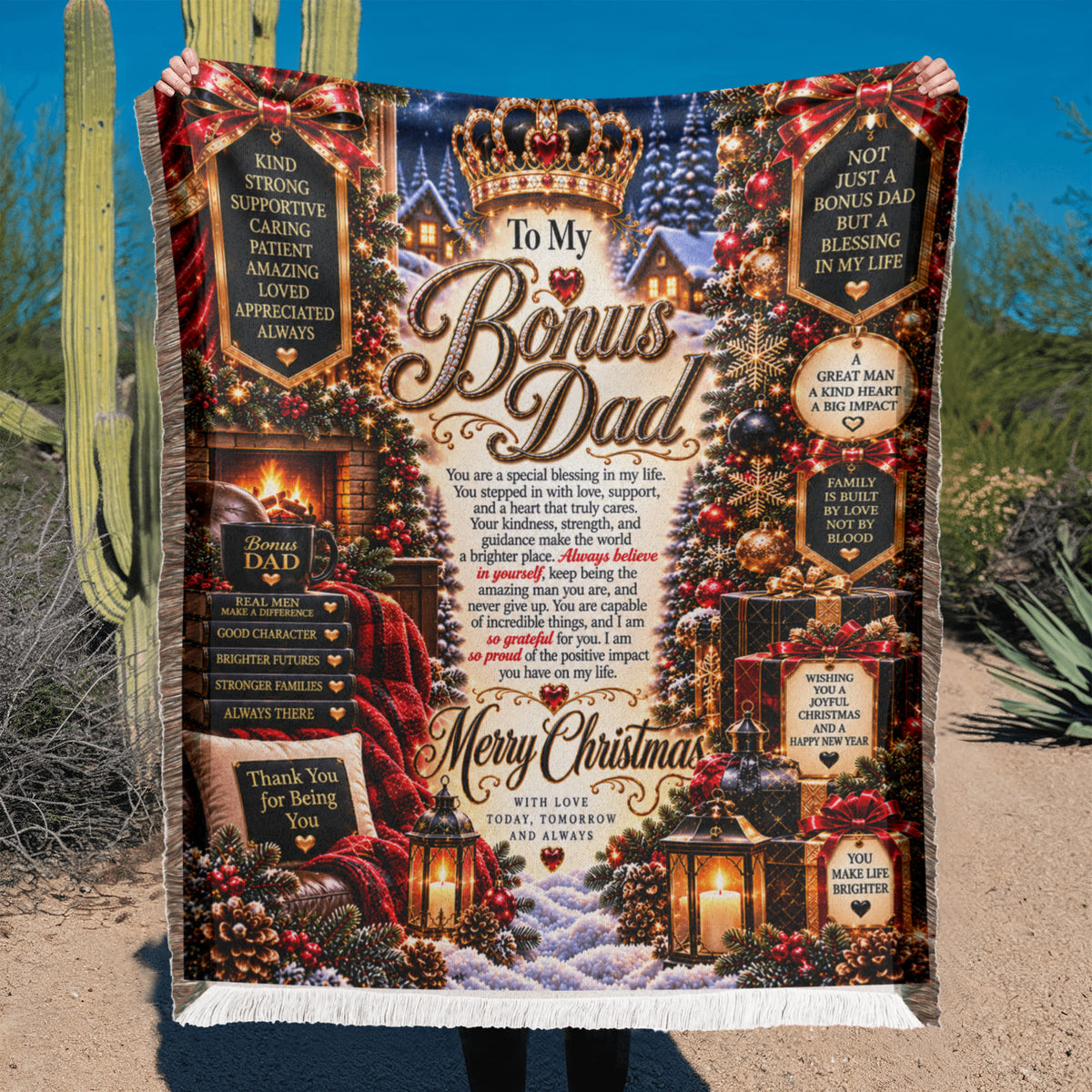 To My Bonus Dad Christmas Woven Blanket – Heartfelt Holiday Keepsake Gift for Bonus Father
