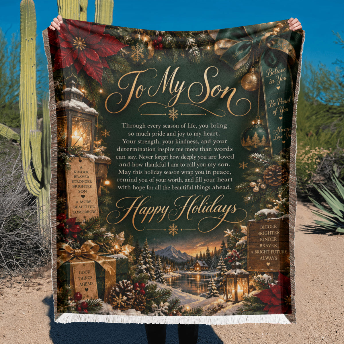 To My Son Happy Holidays Printed Green Woven Blanket – Heartfelt Christmas Keepsake Gift
