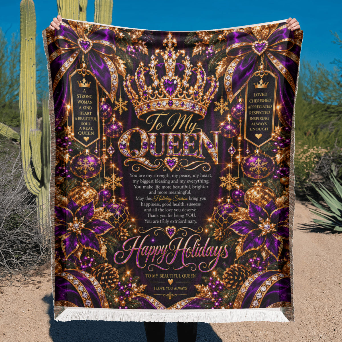 Queen Happy Holidays Printed Woven Purple Blanket – Luxury Christmas Keepsake Gift