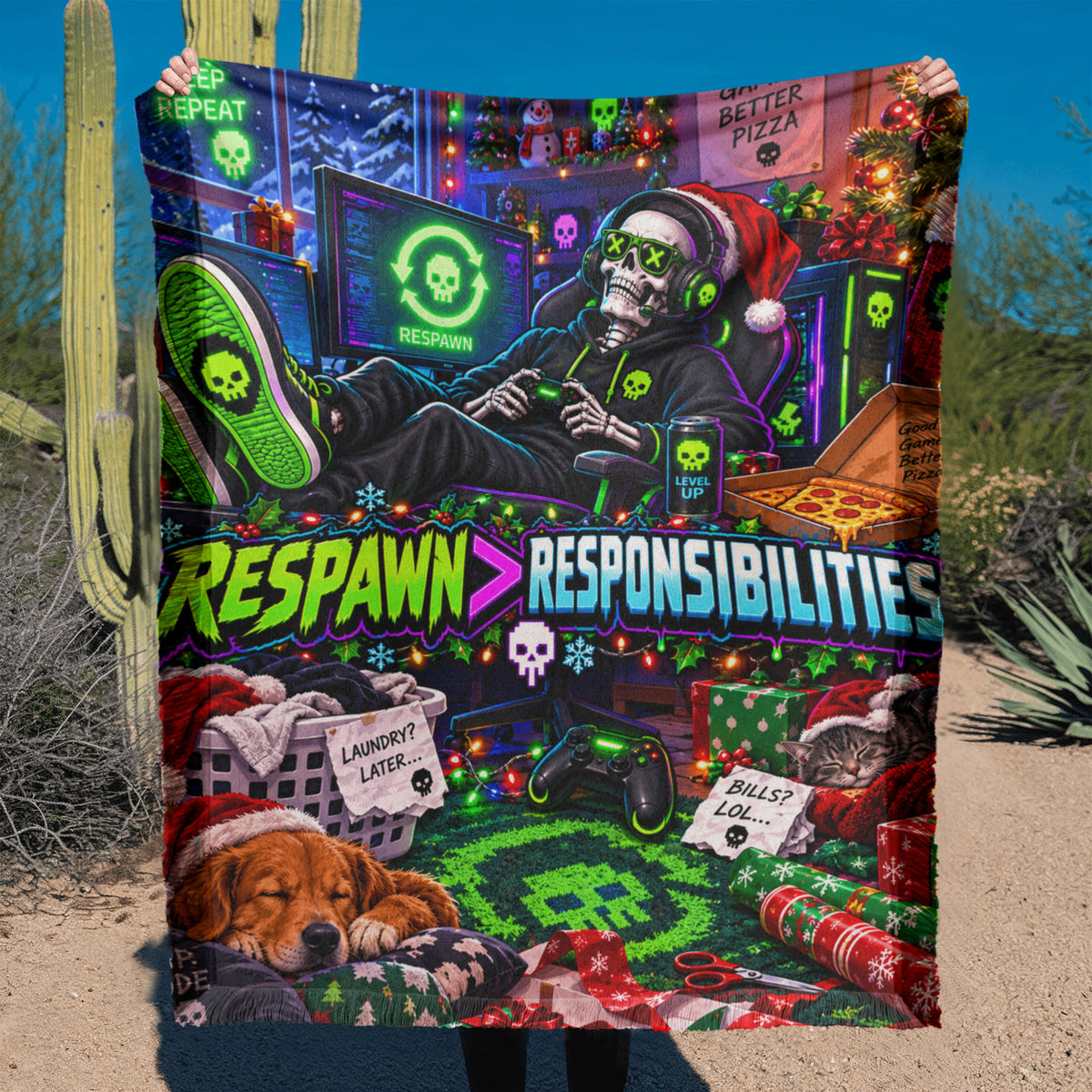 Respawn Over Responsibilities Funny Gamer Christmas Woven Throw Blanket –Holiday Gift for Adult Gamers