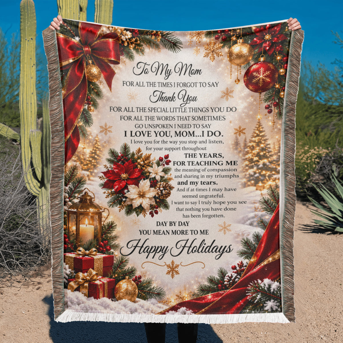 to my mom happy holidays printed woven blanket..