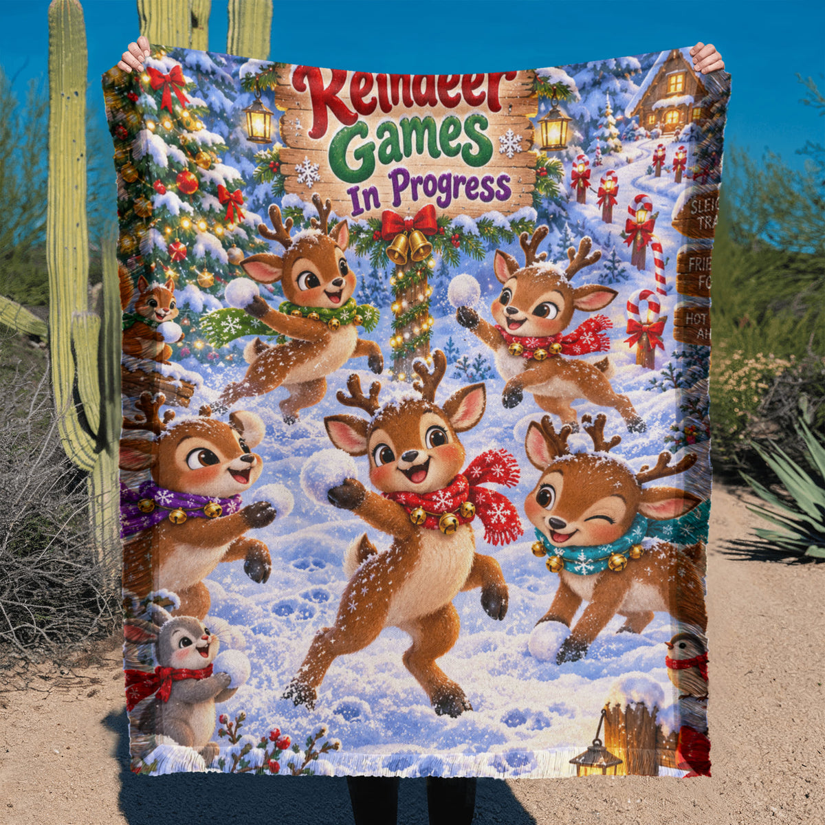 Kids Reindeer Christmas Throw Blanket- Cute Holiday Snowball Fight Blanket for Boys and Girls