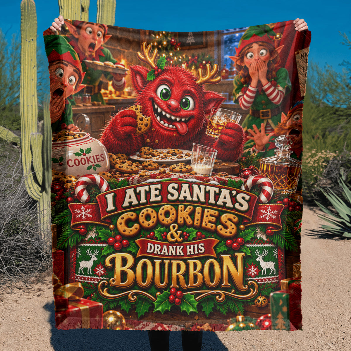 I Ate Santa's Cookies & Drank His Bourbon Funny Christmas Woven Throw Blanket – Adult Holiday Gift
