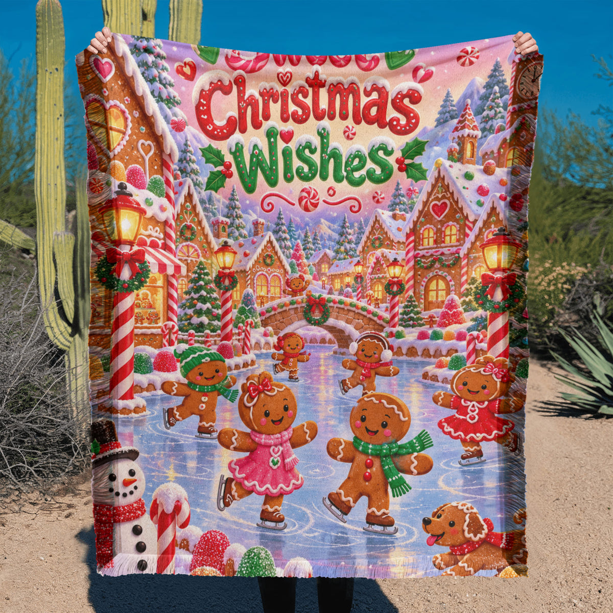 Kids Gingerbread Christmas Throw Blanket- Colorful Candy Village Holiday Blanket for Children