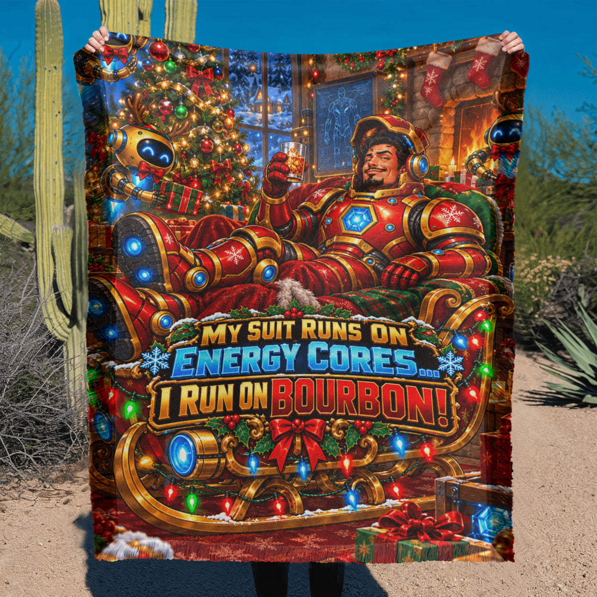 My Suits Run on Energy Cores Funny Christmas Woven Throw Blanket –Sci-Fi Holiday Gift for Adults