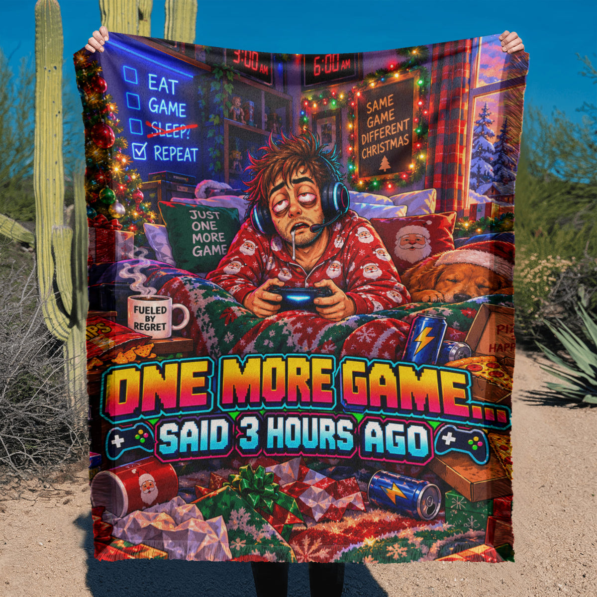 One More Game Funny Gamer Christmas Woven Throw Blanket – Holiday Gift for Adult Gamers