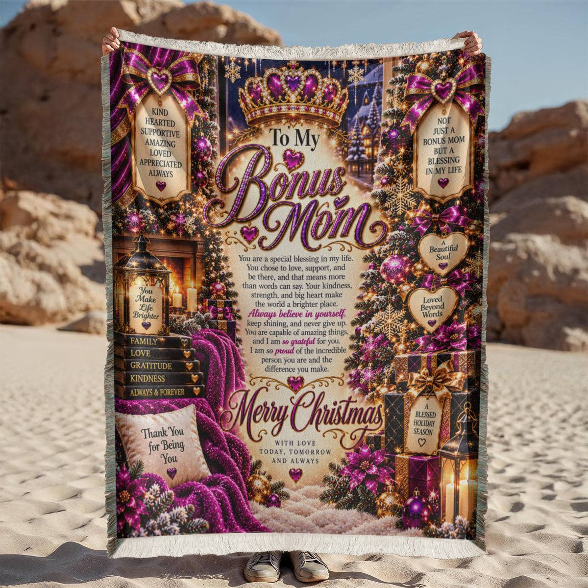 To My Bonus Mom Christmas Woven Blanket – Heartfelt Holiday Keepsake Gift for Bonus Mother