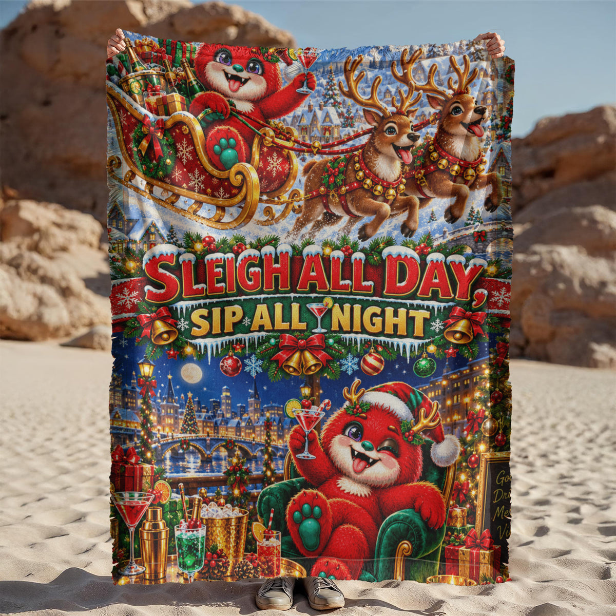 Sleigh All Day Sip All Night Funny Christmas Woven Throw Blanket –Holiday Gift for Adults