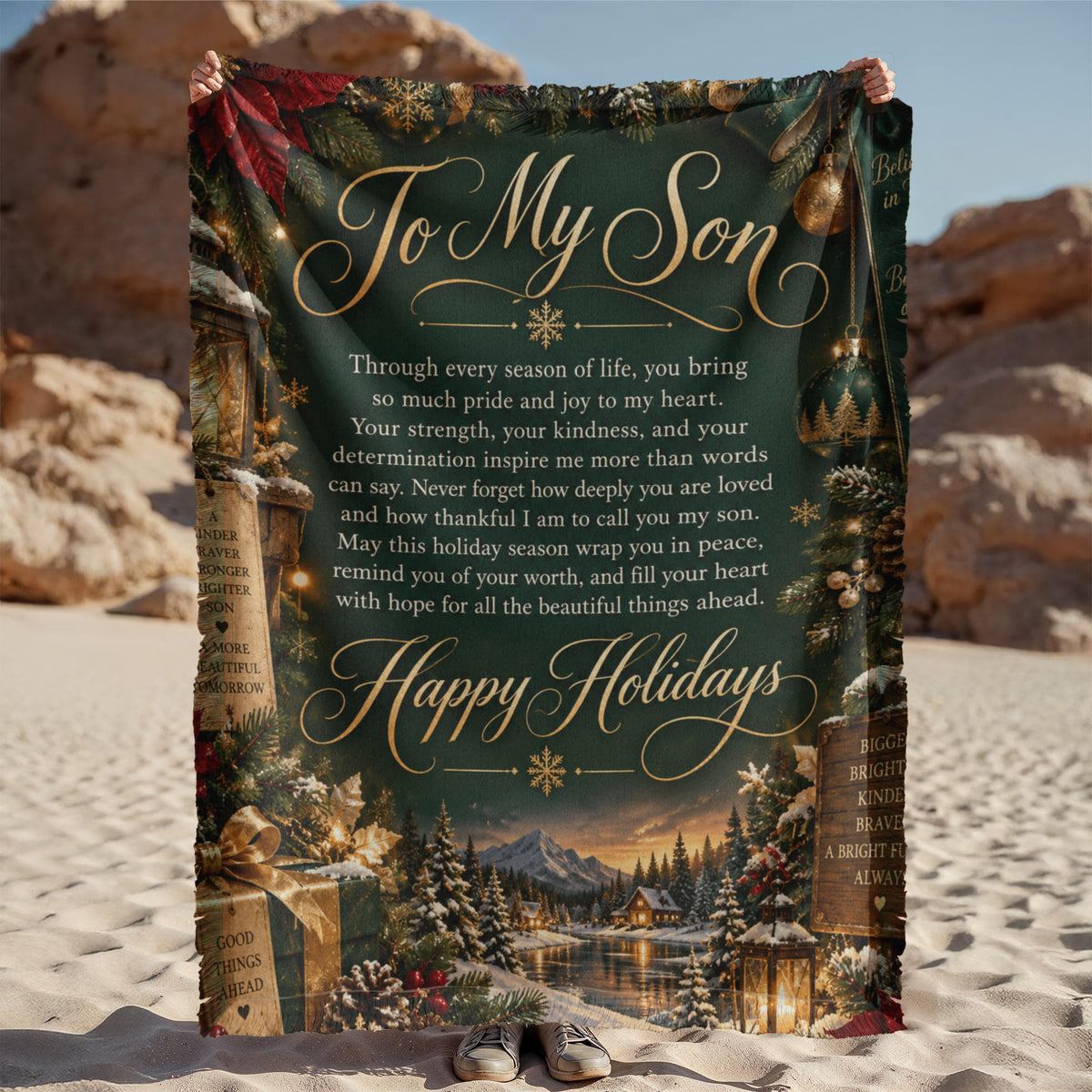 To My Son Happy Holidays Woven Green Blanket – Heartfelt Christmas Gift for Son, Holiday Keepsake from Mom or Dad