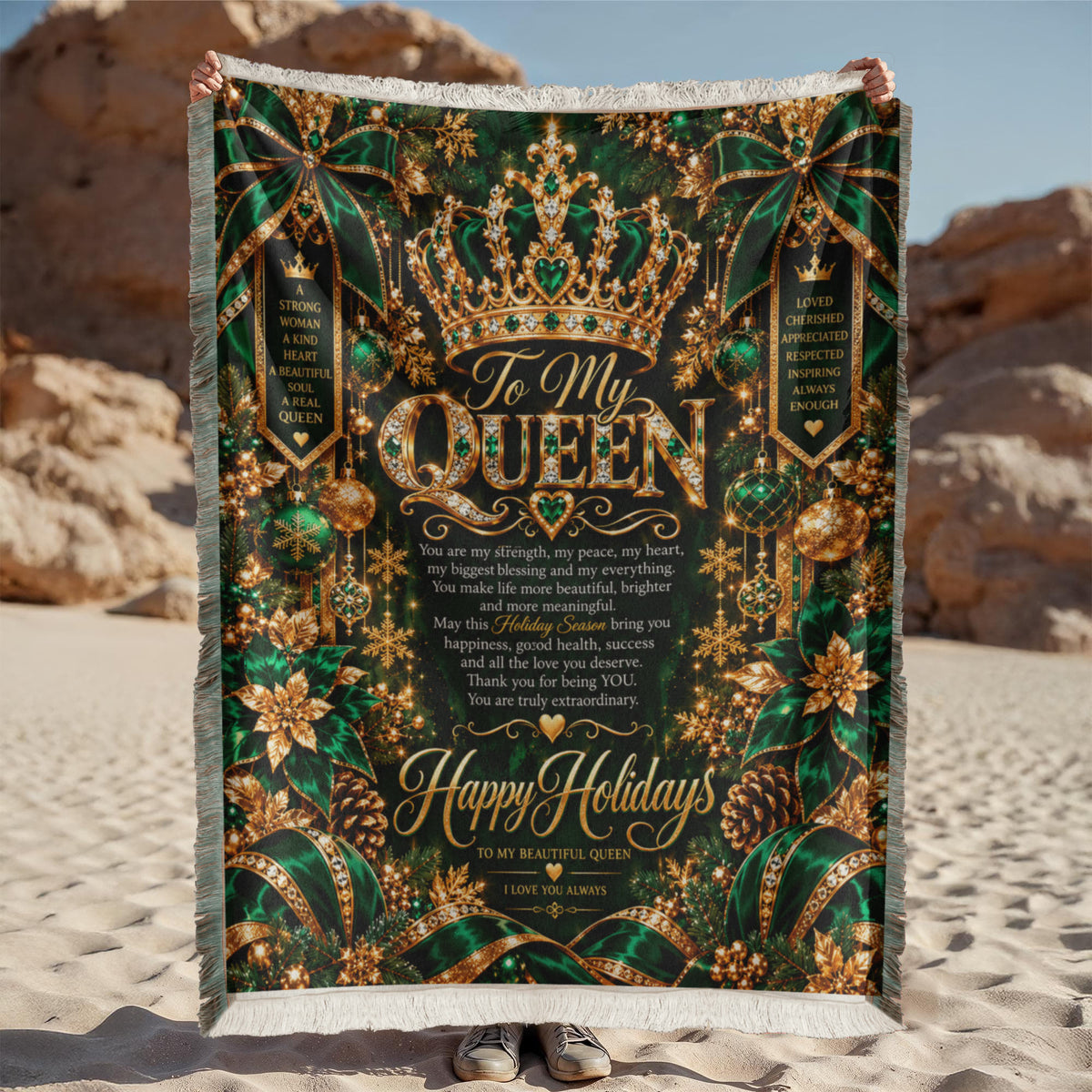 Queen Happy Holidays Printed Green Woven Blanket – Luxury Christmas Keepsake Gift