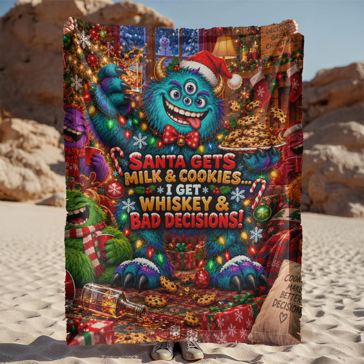 Santa Gets Milk & Cookies, Funny Christmas Woven Throw Blanket–Adult Holiday Gift