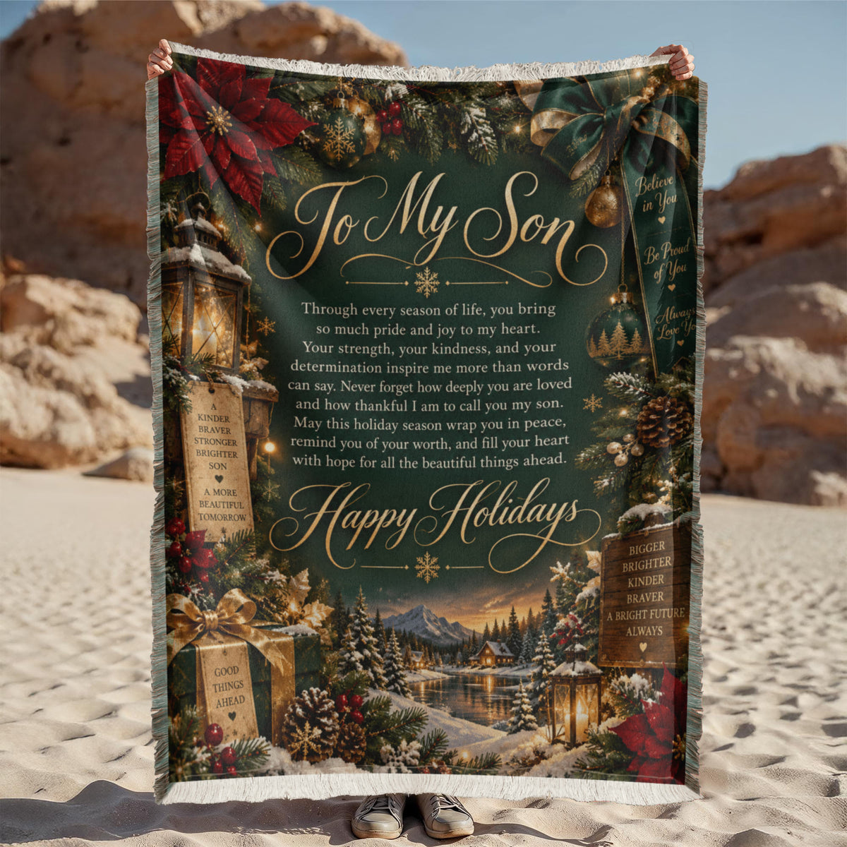 To My Son Happy Holidays Printed Green Woven Blanket – Heartfelt Christmas Keepsake Gift