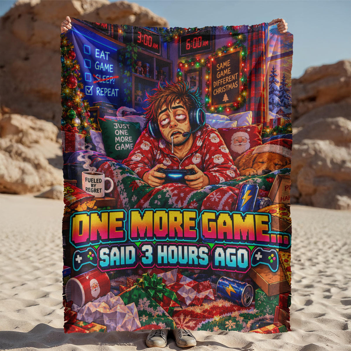 One More Game Funny Gamer Christmas Woven Throw Blanket – Holiday Gift for Adult Gamers