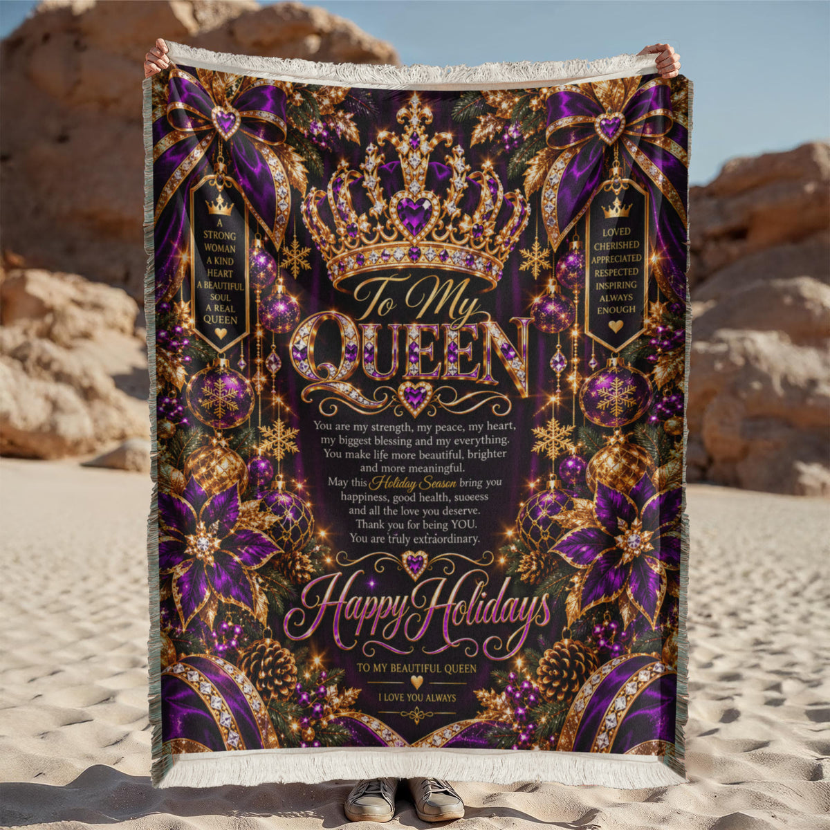 Queen Happy Holidays Printed Woven Purple Blanket – Luxury Christmas Keepsake Gift