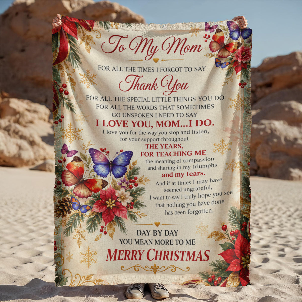 To My Mom Merry Christmas Woven Blanket – Heartfelt Christmas Gift for Mom, Mother Holiday Keepsake Blanket