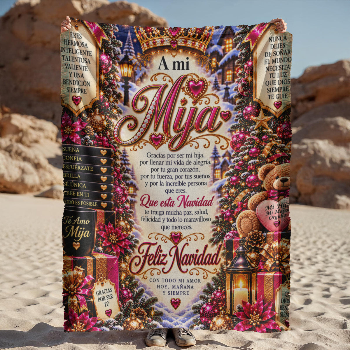 Mija – Rosa: Manta tejida «A mi hija» para una Feliz Navidad – Regalo navideño en español para hija, recuerdo conmovedor de las fiestas