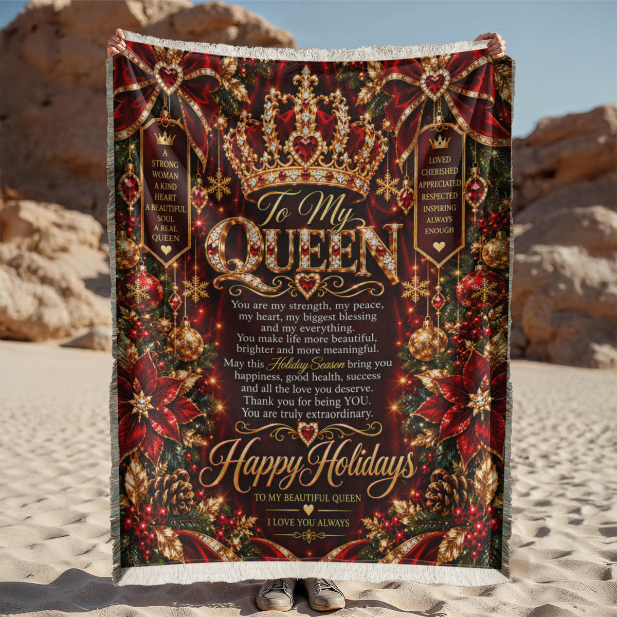 Queen Happy Holidays Printed Woven Blanket – Luxury Romantic Christmas Keepsake Gift