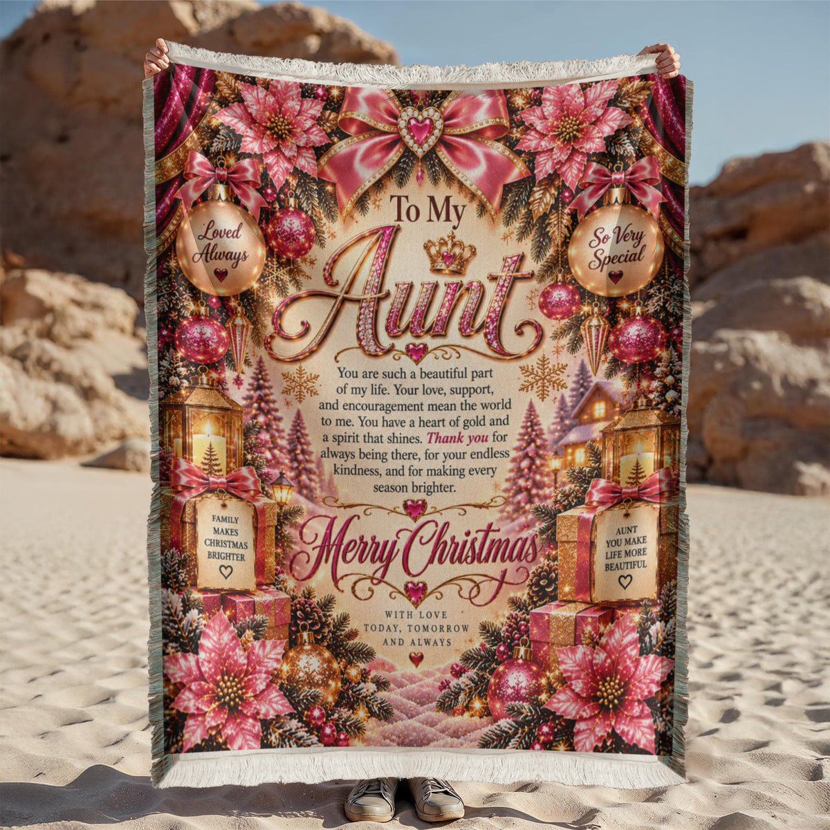 Aunt Merry Christmas Woven Blanket – Sentimental Pink Keepsake Gift for Aunt