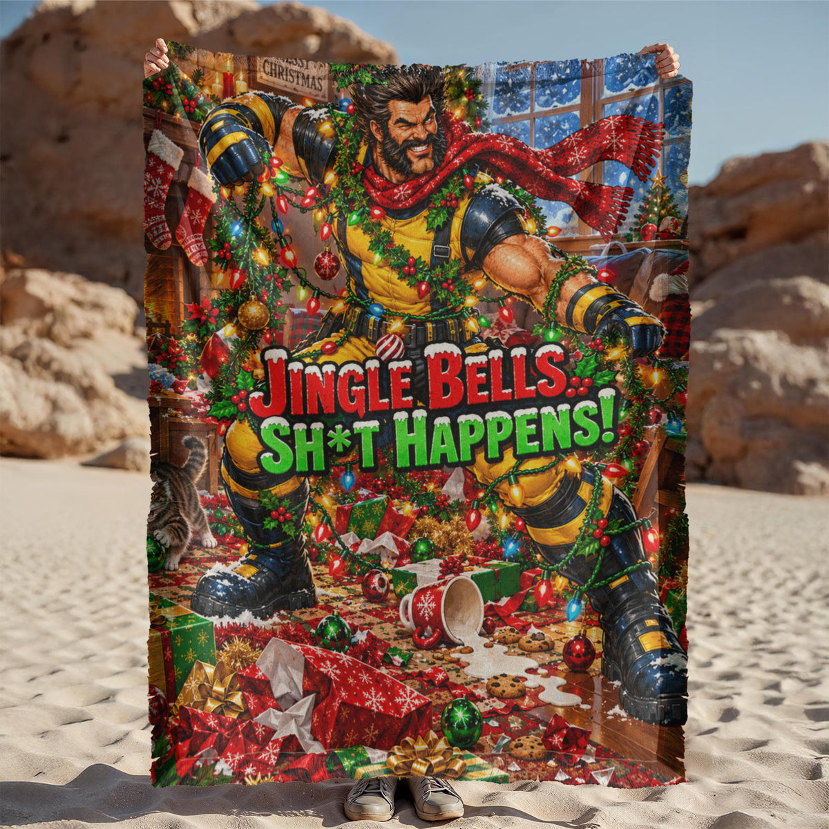 Jingle Bells Sh*t Happens Funny Christmas Woven Throw Blanket- Adult Holiday Gift