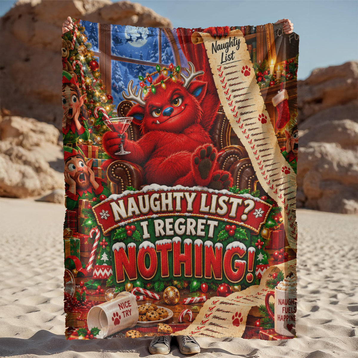 Naughty List No Regrets Funny Christmas Woven Throw Blanket – Adult Holiday Gift