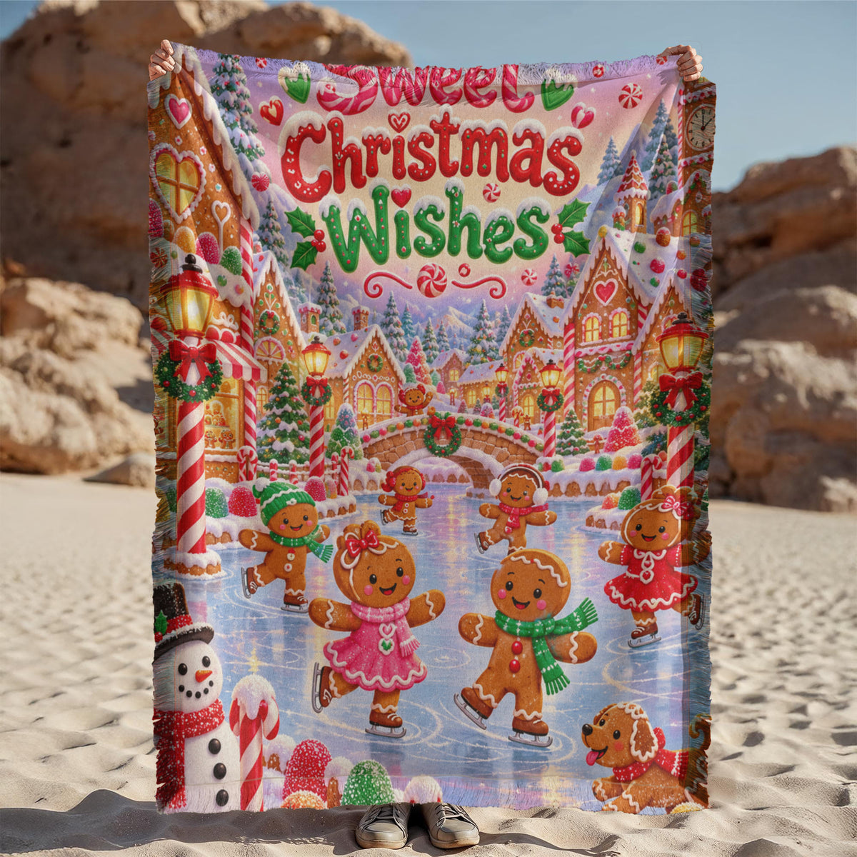 Kids Gingerbread Christmas Throw Blanket- Colorful Candy Village Holiday Blanket for Children