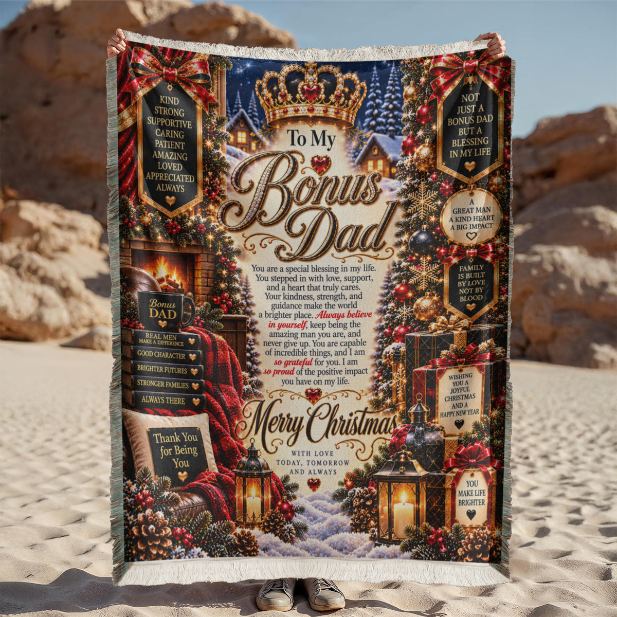 To My Bonus Dad Christmas Woven Blanket – Heartfelt Holiday Keepsake Gift for Bonus Father