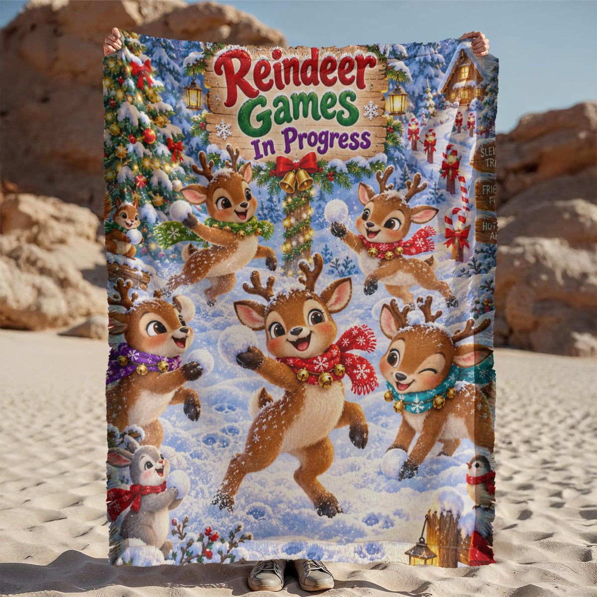 Kids Reindeer Christmas Throw Blanket- Cute Holiday Snowball Fight Blanket for Boys and Girls