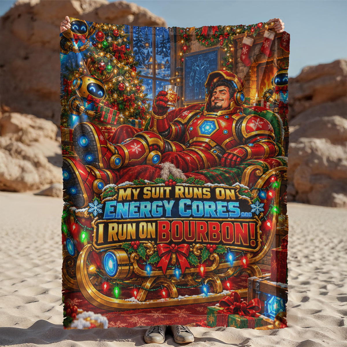 My Suits Run on Energy Cores Funny Christmas Woven Throw Blanket –Sci-Fi Holiday Gift for Adults