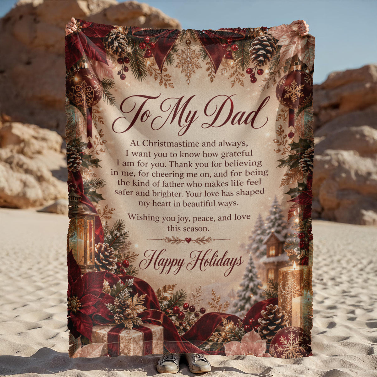 To My Dad Happy Holidays Woven Burgundy Blanket – Heartfelt Holiday Gift for Dad, Father Christmas Keepsake