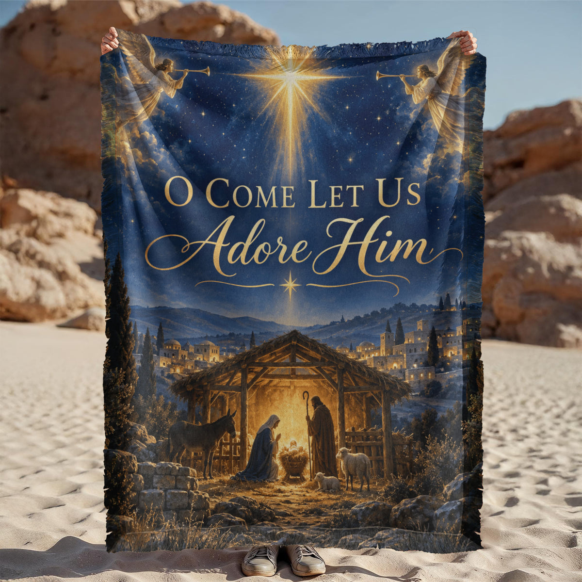 Christian Nativity Christmas Throw Blanket- O Come Let Us Adore Him Religious Holiday Gift