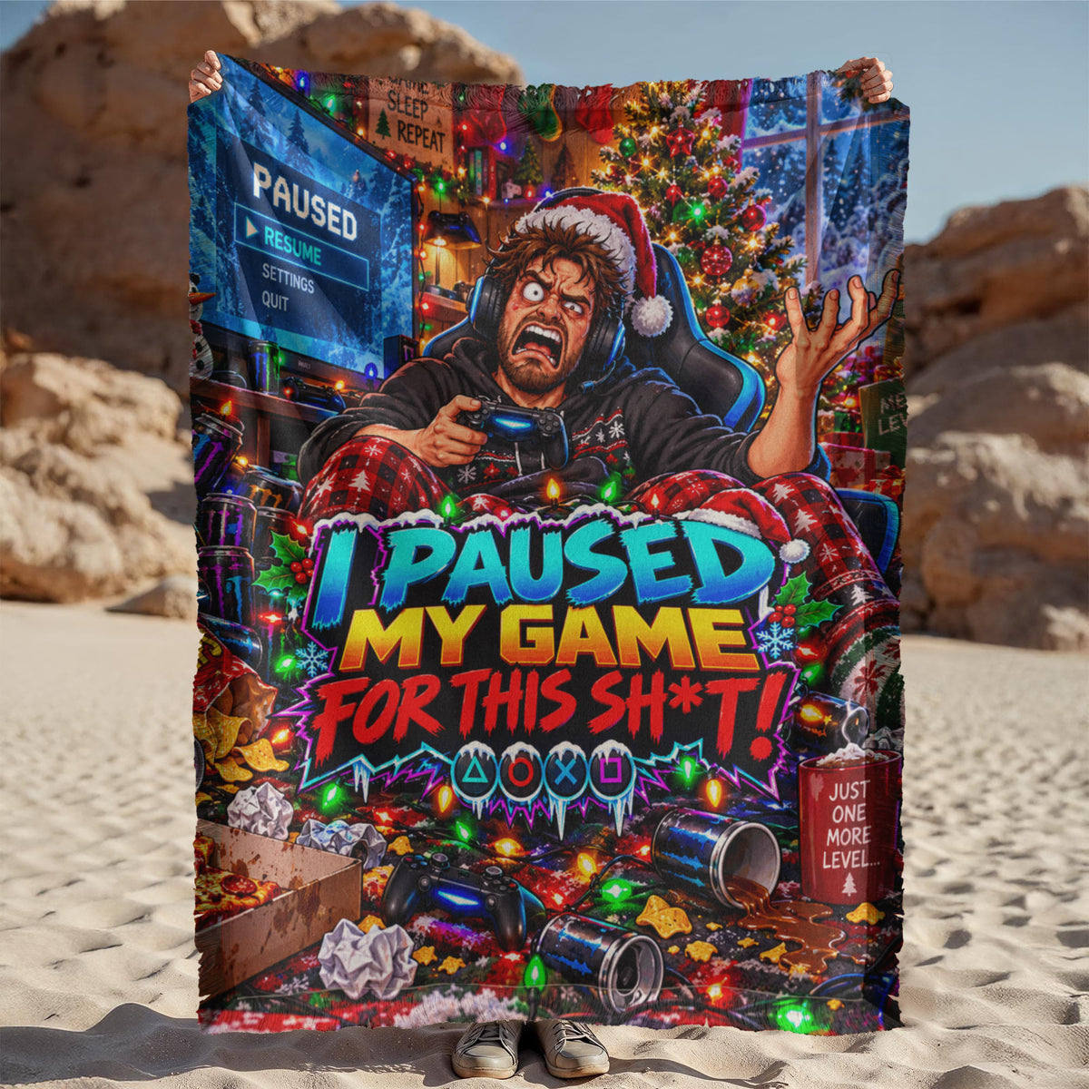 I Paused My Game  Funny Adult Christmas Throw Blanket- Gamer Holiday Gift