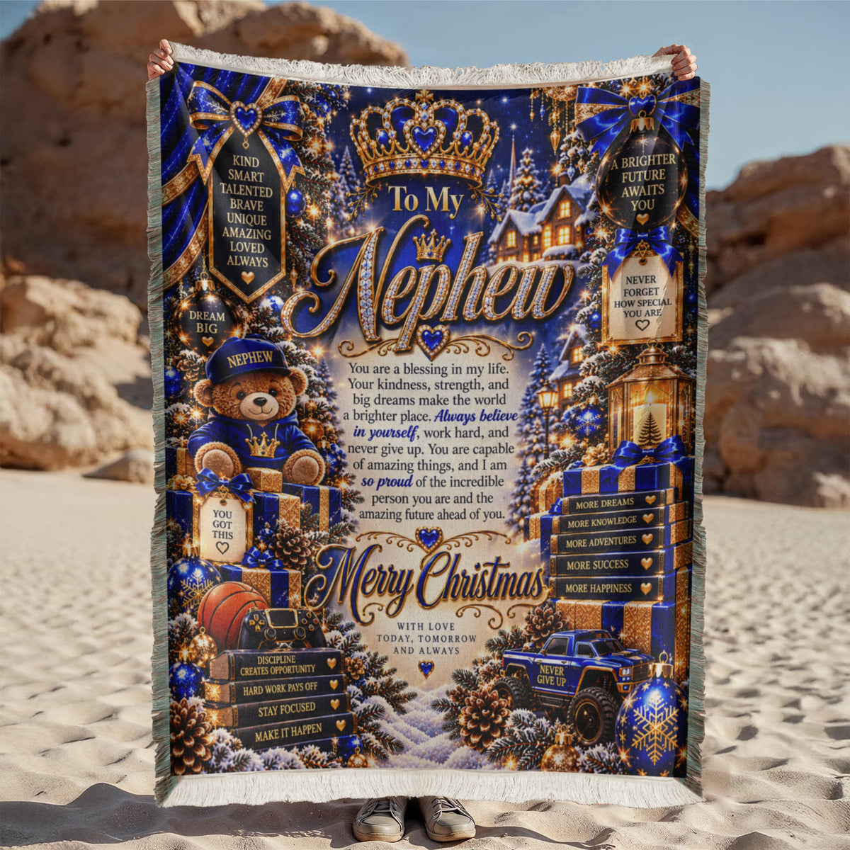 To My Nephew Christmas Woven Blue Blanket – Heartfelt Holiday Keepsake Gift for Nephew