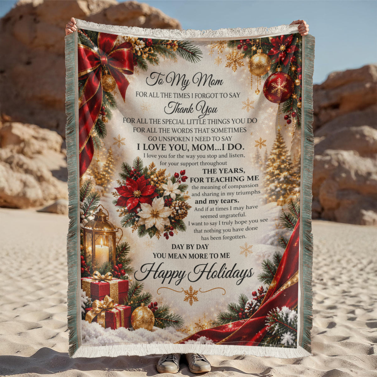 to my mom happy holidays printed woven blanket..