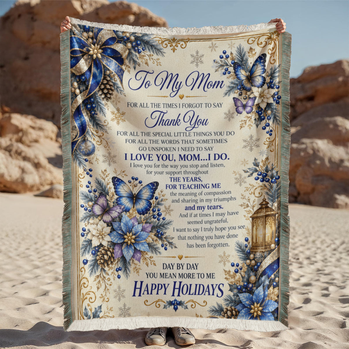 to my mom happy holidays printed woven blanket