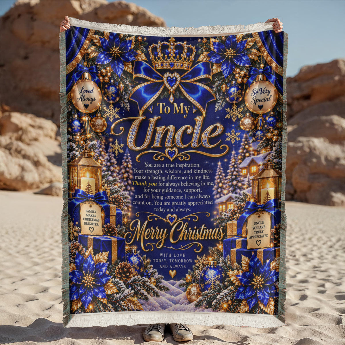 To My Uncle Christmas Woven Blue Blanket – Heartfelt Holiday Keepsake Gift for Uncle