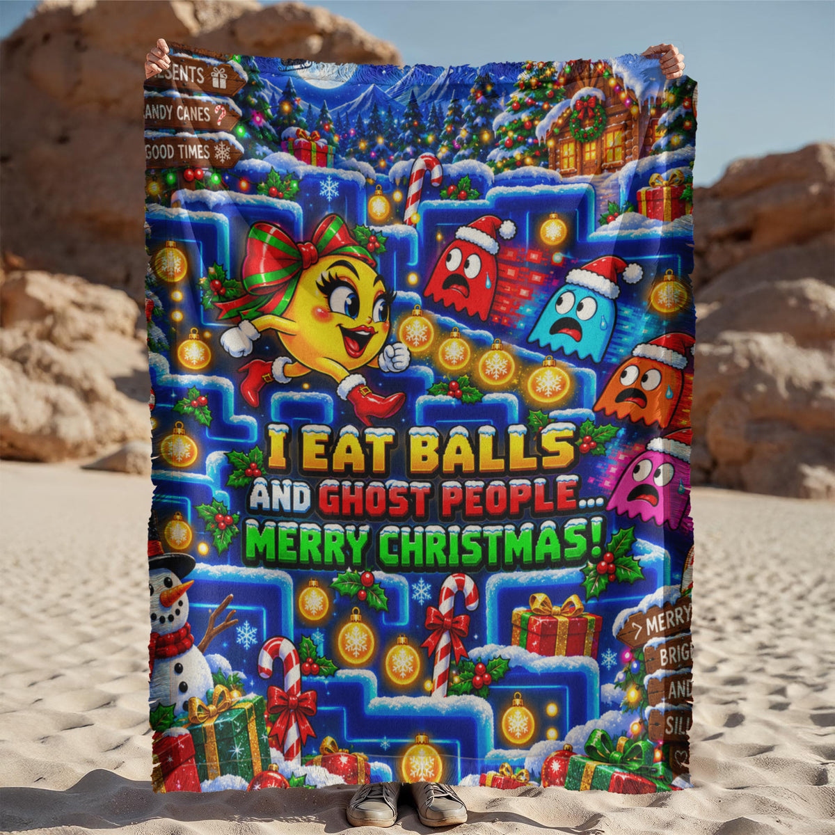 I Eat Balls and Ghost People Funny Christmas Woven Throw Blanket – Retro Arcade Gamer Holiday Gift,