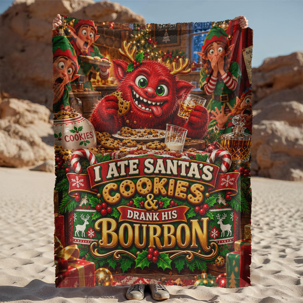 I Ate Santa's Cookies & Drank His Bourbon Funny Christmas Woven Throw Blanket – Adult Holiday Gift
