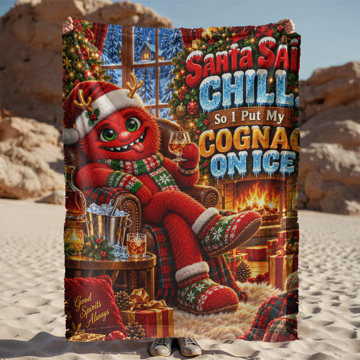 Santa Said Chill, So I Put My Cognac on Ice Funny Christmas Woven Throw Blanket – Adult Holiday Gift